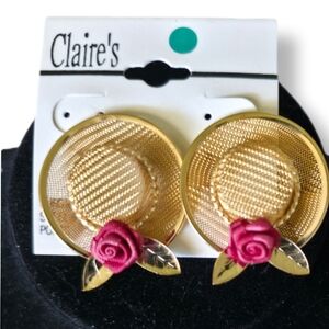 Claires 2010s Era Gold Tone Hat Earrings With Pink Fabric Rose Detail